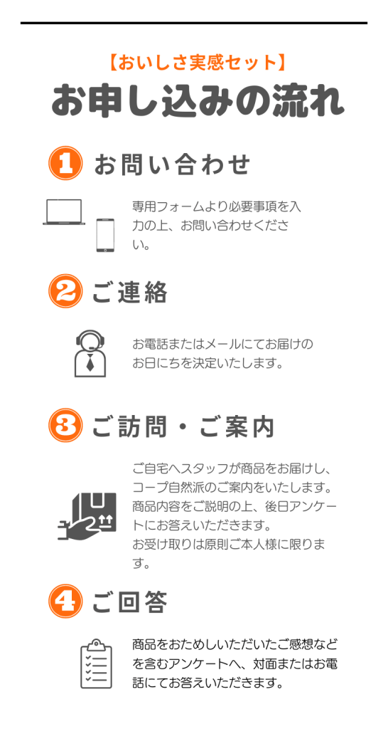 お申し込みの流れ
①問い合わせ　専用フォームより必要事項を入力の上、お問い合わせください。
②ご連絡　お電話またはメールにてお届けのお日にちを決定します。
③ご訪問・ご案内　ご自宅へスタッフが商品をお届けし、コープ自然派のご案内をいたします。商品内容をご説明の上、後日アンケートにお答えいただきます。お受け取りは原則ご本人様に限ります。
④ご回答　商品をおためしいただいたご感想などを含むアンケートへ、対面またはお電話にてお答えいただきます。