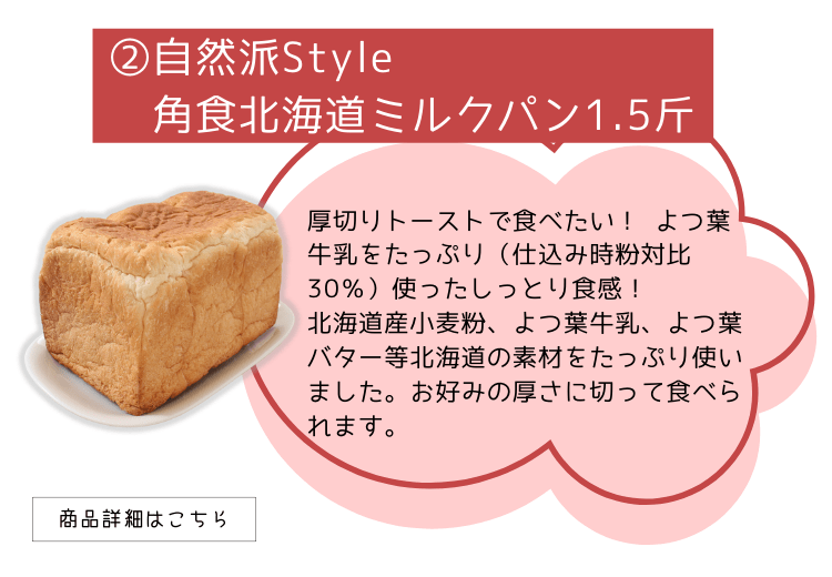 ②自然派Style角食北海道ミルクパン1.5斤
厚切りトーストで食べたい！ よつ葉牛乳をたっぷり（仕込み時粉対比30％）使ったしっとり食感！
北海道産小麦粉、よつ葉牛乳、よつ葉バター等北海道の素材をたっぷり使いました。お好みの厚さに切って食べられます。