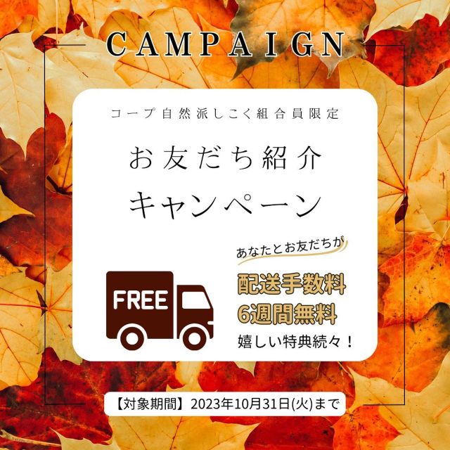 コープ自然派しこく組合員限定企画😍
 
🌾秋のお友だち紹介キャンペーン🎃
＼組合員のあなた・お友だちの双方に
嬉しい特典あり！／✨
 
【特典概要】
① 配達手数料が6週間無料！
② お米クーポンGET！
③ 3000円相当の商品GET！
 
【対象期間】
2023年9月1日(金)～10月31日(火)
 
「友だちの〇〇さんが
　　コープ自然派に興味をもってるみたい」
 
「うちで利用してるコープ自然派のこと
　　　　　　　　親戚にもおススメしよう」
 
実は、コープ自然派をご利用中の組合員さんの
30％以上は、既存の組合員さんの紹介によって
加入しているんです😍
 
ぜひこの機会に、
「おいしい、あんしん！」を
お友だちにシェアしませんか❓
 
組合員のあなたと、お友だち双方への特典は、
それぞれ3つ🥳
配達手数料が6週間無料になるなど、
見逃せない特典ばかりですよ☺️
 
お友だちの紹介方法は、全部で6通り
各紹介方法の詳細は、ハイライトをご覧ください
 
また、期間中にお届けしているカタログ内には、
「お友だち紹介キャンペーン」のチラシが
入っています。(※1)
チラシのQRコードを読み込み、
紹介フォームからのお申し込みも可能です😊
 
「紹介しようと思っているお友だちに、
　まずはコープ自然派の
　商品の魅力を知ってほしい」
 
そう思っている組合員の方は、
無料サンプルのご注文がおススメ✨
こちらもハイライトのリンクから、
無料サンプルの専用フォームをご利用ください
 
コープ自然派は、
組合員さんの力で大きくなっています
今後とも、コープ自然派を
よろしくお願いします🤲
 
 
【訂正とお詫び】
※1 チラシ裏面上部の下記の文言につきまして、
誤植がございました。
以下の通り訂正し、お詫び申し上げます。
 
------------------------------------------------
　　【誤1】お友だちをご紹介で
01.配達手数料4週間無料
　　　　　
　　【誤2】新規のご加入で
01.配達手数料4週間無料
 
　　【正1】お友だちをご紹介で
01.配達手数料6週間無料
 
　　【正2】新規のご加入で
　　　　　  01.配達手数料6週間無料
--------------------------------------------------
 
【注意事項】
※お預かりした情報を元に、
生協担当よりお友だち・ご親類の方へご案内いたします。
※ご紹介いただくご友人・ご親類の方は、
まだコープ自然派をお使いでない方に限ります。
※加入歴のある方が再度ご登録いただいた場合、
特典の対象は脱退から2年以上経過された方に限ります。
※配達手数料無料期間は、ご紹介いただいた方への
ご連絡が取れてから付与いたします。
別途お手紙をお送りしますのでご確認ください。
※ベビーサポートとの併用可能です。
 
#コープ自然派しこく　#コープ自然派
#お友だち紹介　#紹介キャンペーン
#生協　#生協宅配　#個人宅配
#ママの味方　#宅配　#ネット注文
#紹介　#お友達紹介　#キャンペーン
#プレゼント　#プレゼントキャンペーン
#コープ自然派のあるくらし